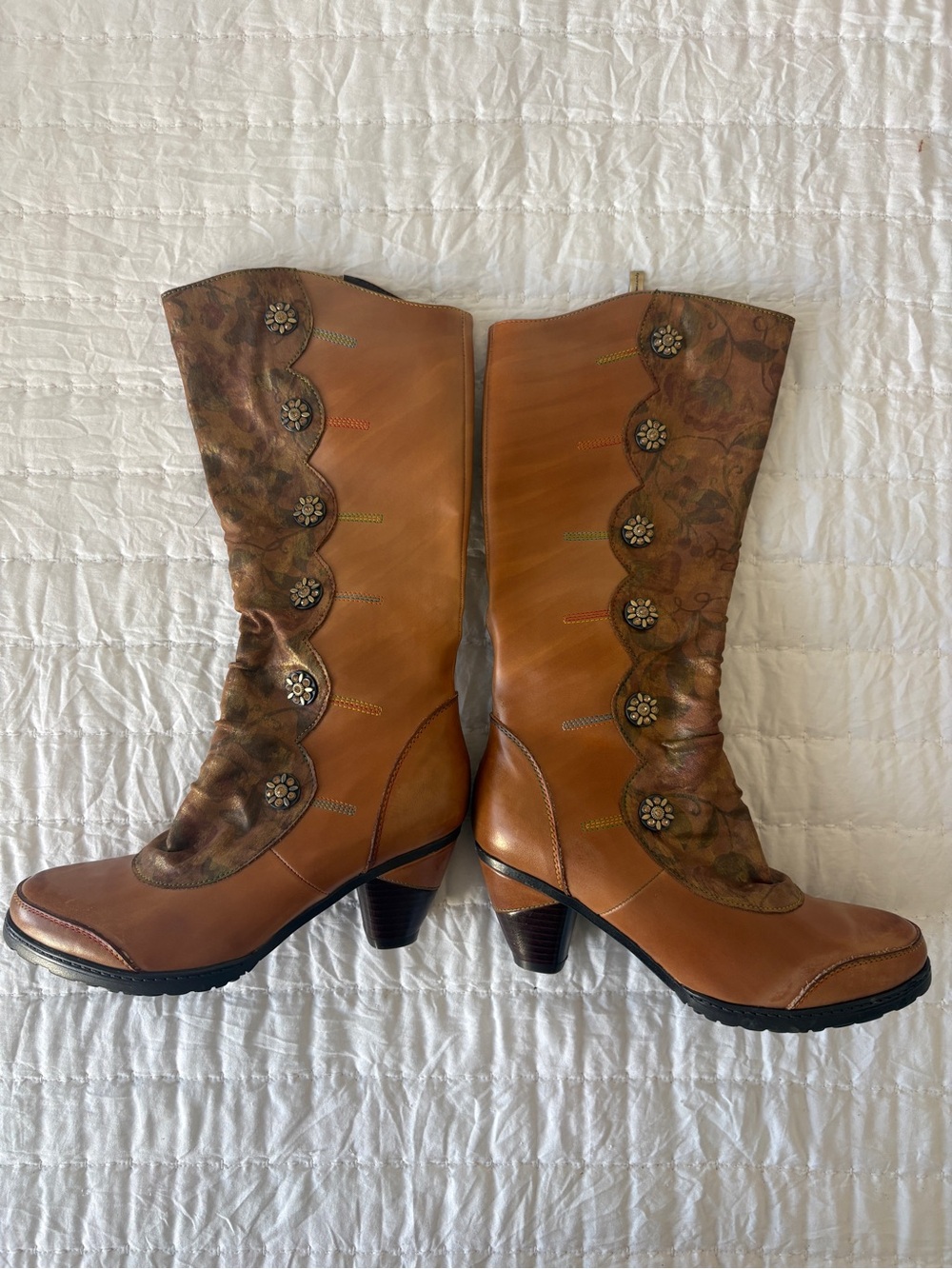 Metcandy Women's Brown Leather Mid-Calf Heeled Boots with Floral Accent